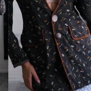 RARE Vintage Black Patterned Blazer with Instruments Leather Trim Accents